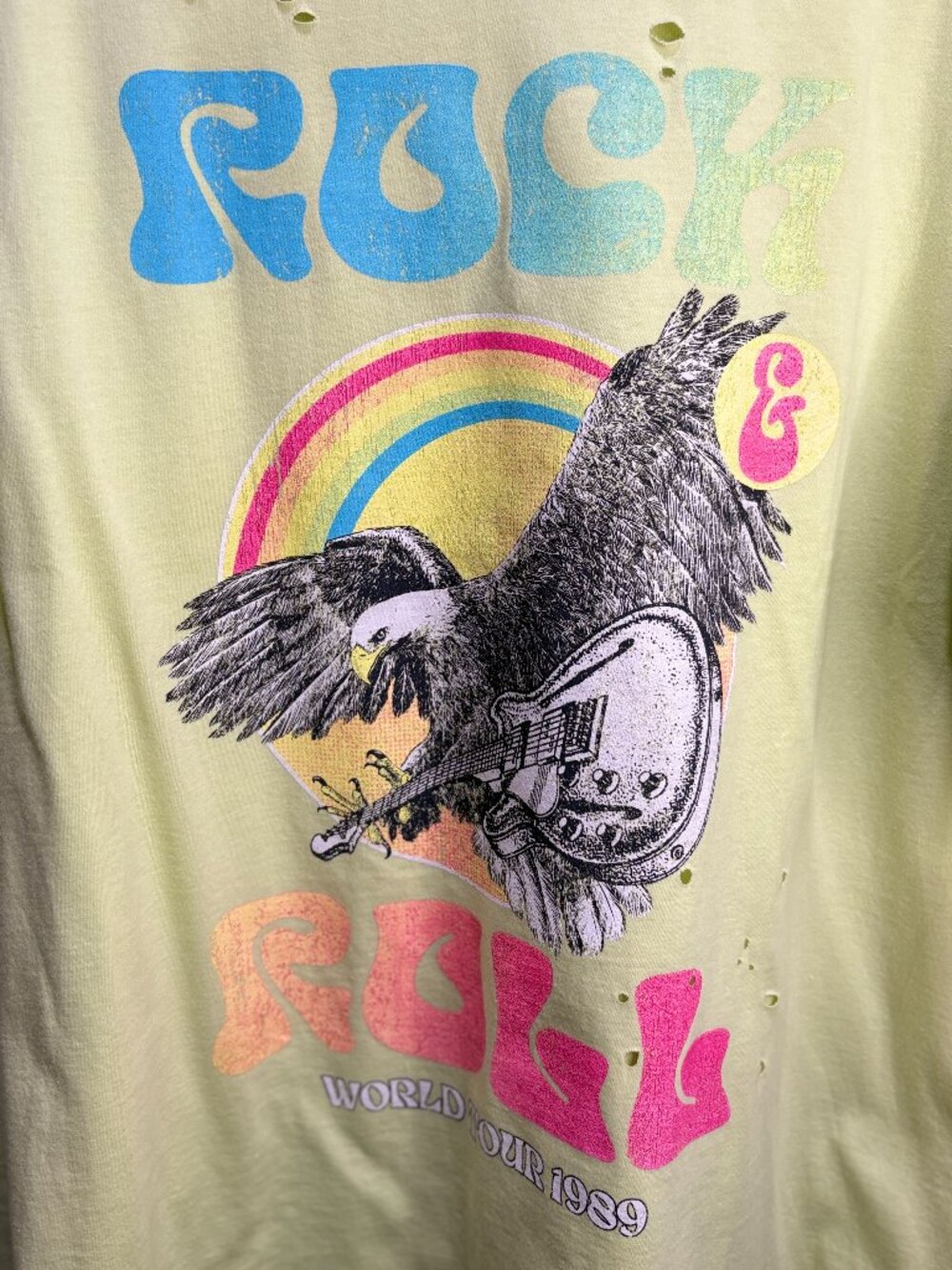Zutter Rock & Roll World Tour 1989 Graphic Tee Neon Lime Green XL Distressed - Picture 3 of 5